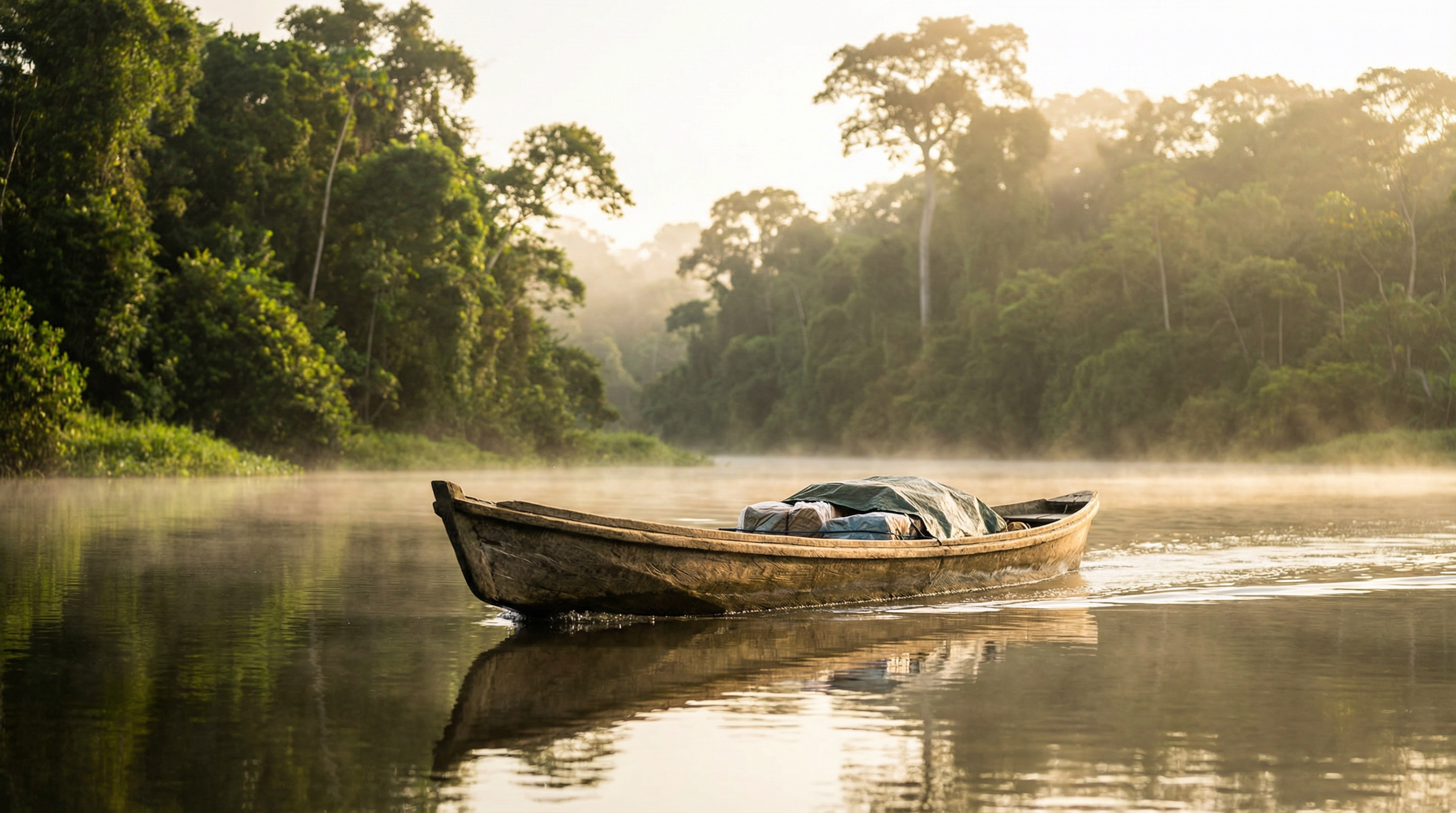 Canoa atravessando rio na Amazônia
